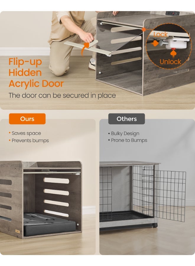 FEANDREA Modern Dog Crate Furniture with Built-in Charging Station - Indoor Wooden Kennel & Side Table with Flip-up Acrylic Door - For Small & Medium Dogs (Up to 45 lb) - Heather Greige - Image 3